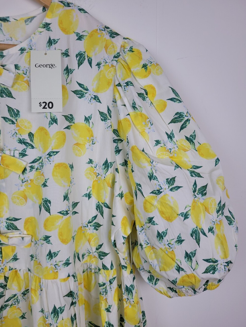 George XXL Lemon Print Cotton Dress NWT Yellow White Puff Sleeve - Picture 2 of 8